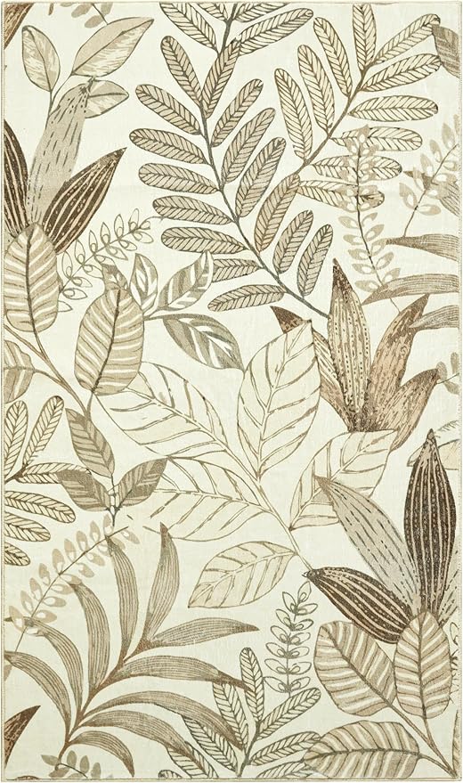 Ultra Thin 3x5 Small Entryway Rugs Indoor Doormat Stain Resistant, Vintage Floral Botanical Plants Throw Area Rugs for Bedroom Kitchen Living Room, Retro Khaki Bathroom Rugs Non Slip