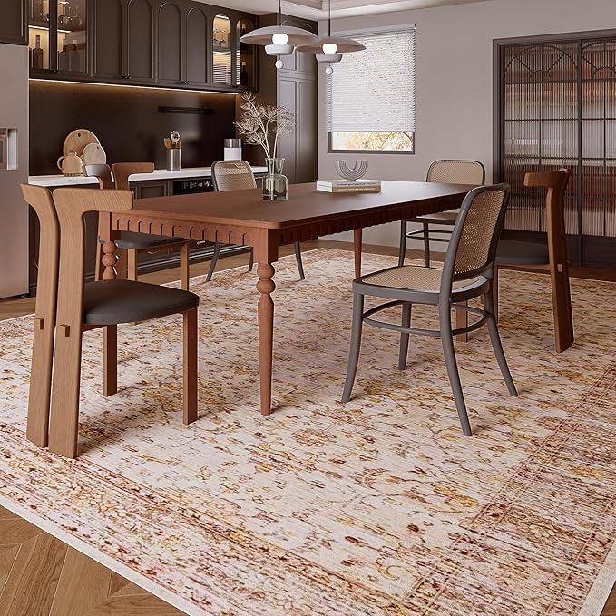 9x12 Rug, Washable Neutral Boho Modern Vintage Non Slip Floral Area Carpet, Low Pile Soft Rugs, Slip Resistance, Pet-Friendly, Durable Rug for Living Room, Bedroom, Kitchen, Dining Room