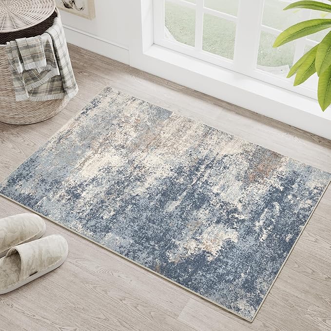2x3 Entryway Rugs Dark Blue Machine Washable Area Rug Entrance Door Mat Indoor Accent Rug Abstract Non Slip Low Pile Carpet Distressed Throw Rug for Kitchen Bedroom Office