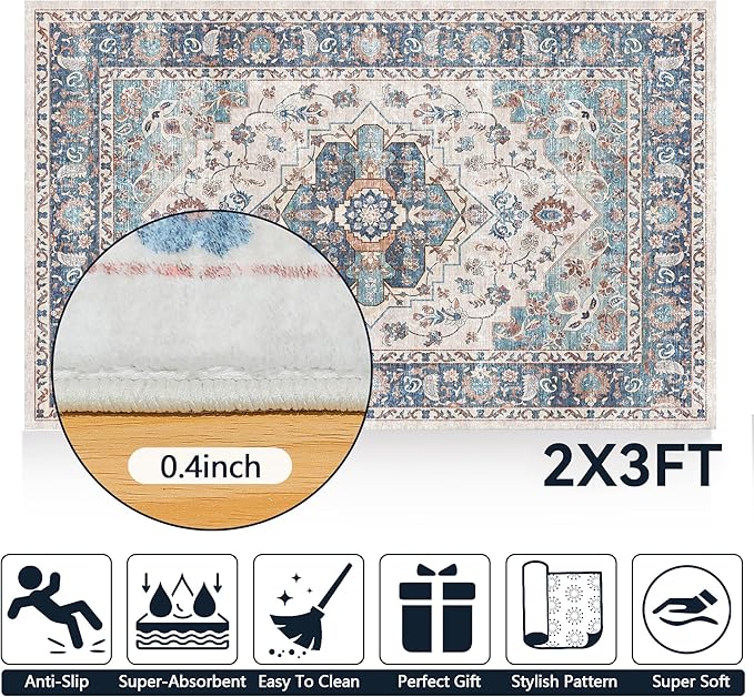 2x3 Area Rugs, Washable Entry Rug Indoor Door Mat Vintage Boho Stain Resistant Non-Slip Non-Shedding Carpet Small Bath Mat Low Pile Rug for Entryway Kitchen Laundry Bathroom