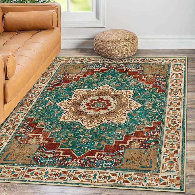 Washable Area Rug 3x5 Boho Entryway Rug Non Slip Soft Teal Rust Vintage Kitchen Rug Oriental Distressed Living Room Bedroom Rugs Indoor Floor Carpet for Bathroom Dining Room Office Entrance