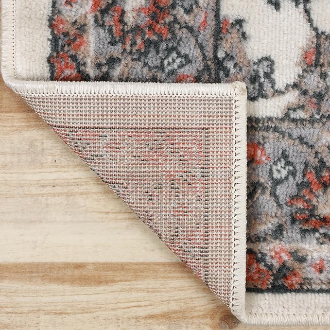 Superior Indoor Runner Rug, with Jute Backing, Chic Bordered Floor Decor for Living Room, Bedroom, Office, Entryway, Kitchen, Dining, Floral Design, Lille Collection, 2' 7" x 10', Brown-Salmon