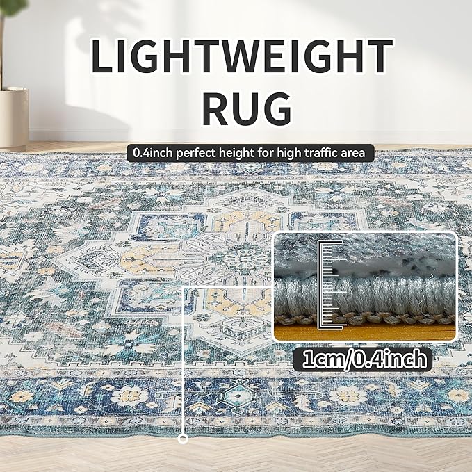Vintage Large Rugs for Living Room, 9x12 Washable Area Rugs Non Slip, Soft Blue Rug for Bedroom, Sound Absorbing Non-Shedding Rug for Entryway Kitchen Foyer Playroom, Blue Carpet 9x12