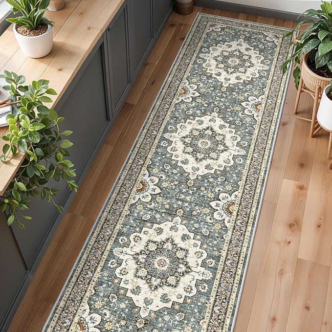 Washable Oriental Hallway Runner Rug - 3x12 Rugs for Living Room Soft Carpet for Bedroom Kitchen Waterproof Floral Distressed Indoor Stain Resistant Non-Shedding Floor Carpets (Blue, 3X12)