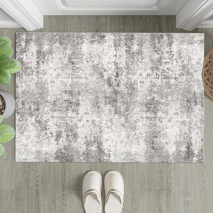 2x3 Entryway Rugs Grey Machine Washable Area Rug Entrance Door Mat Indoor Accent Rug Abstract Non Slip Low Pile Carpet Distressed Throw Rug for Kitchen Bedroom Office