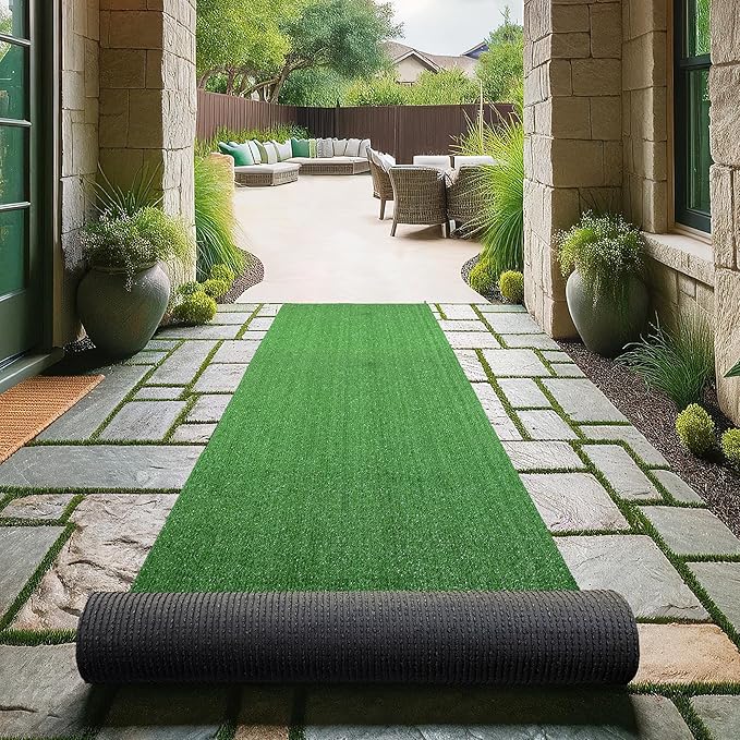 Sweet Home Stores Green Artificial Faux Grass Runner Rug, 19' x 2'7" (Rectangular), Modern Style, Unisex, Outdoor Use