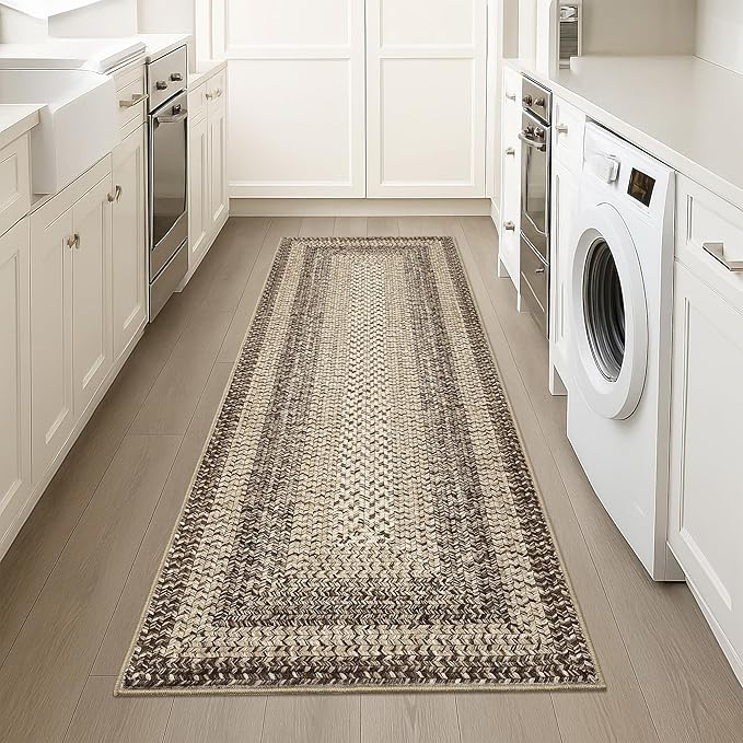 Imitation Braided Collection-Print Hallway Runner Rug 2x6 Non Slip Washable Area Rug, Soft Low Pile Farmhouse Rustic Carpet Foldable Indoor Mat for Laundry Room, Kitchen, Bathroom, Entrance