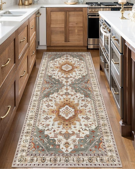 2x6 Washable Runner Rug for Hallways, Non Slip Vintage Runner Rug, Soft Low Pile Long Rug Runner, Print Distressed Turmeric Carpet Runners for Kitchen Bedroom Entryway Bathroom Living Room