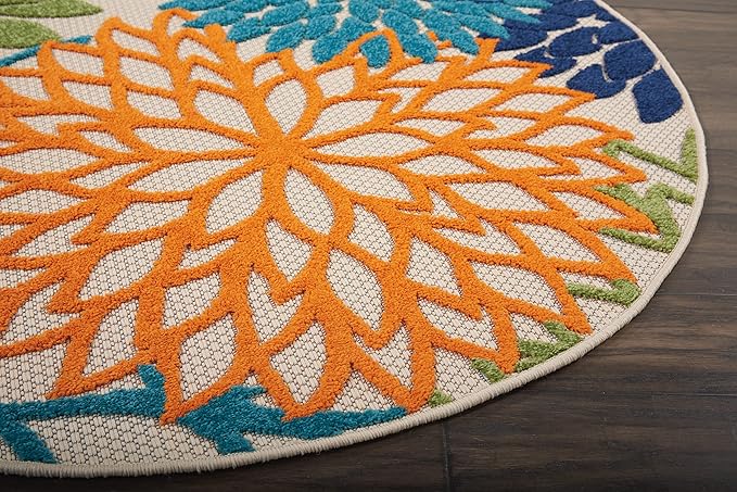 Nourison Aloha Indoor/Outdoor Multicolor 4' x Round Area Rug, Tropical, Botanical, Easy Cleaning, Non Shedding, Bed Room, Living Room, Dining Room, Deck, Backyard, Patio (4 Round)
