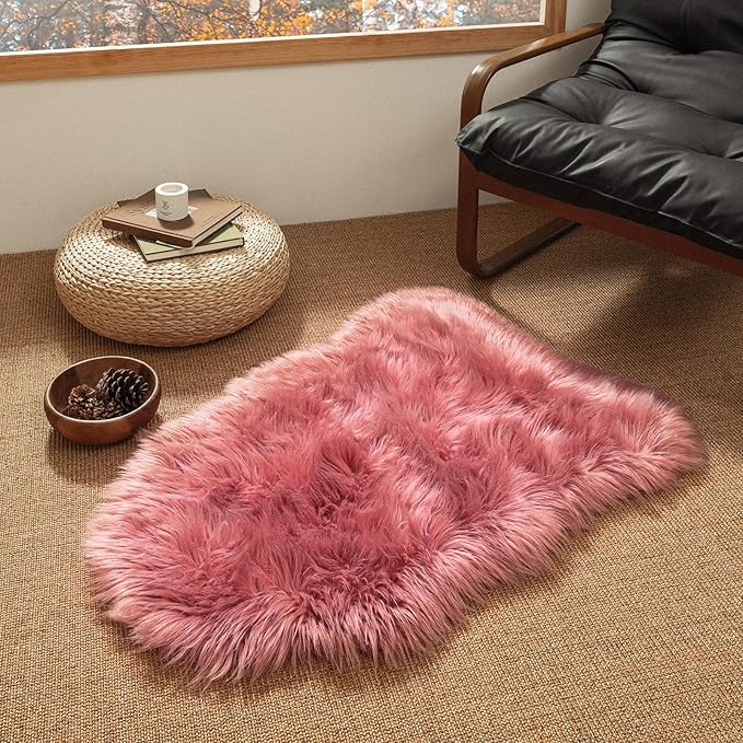 Ashler Faux Fur Rug, Fluffy Shaggy Area Rug Ultra Soft 2.3 x 3.3 Feet Sheepskin Fur Rug, Blush Pink Fuzzy Machine Washable Shag Rug, Nursery Decor Throw Rugs for Bedroom, Kids Room, Living Room