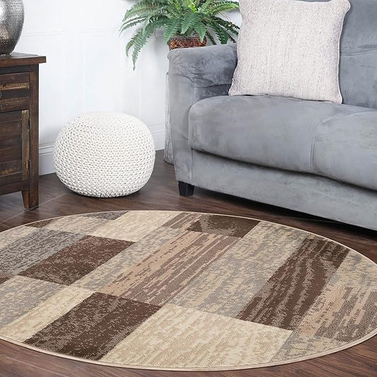 SUPERIOR Indoor Area Rug, Jute Backed, Modern Geometric Patchwork Floor Decor for Bedroom, Office, Living Room, Entryway, Hardwood Floors, Rockwood Collection, 5' Round, Slate