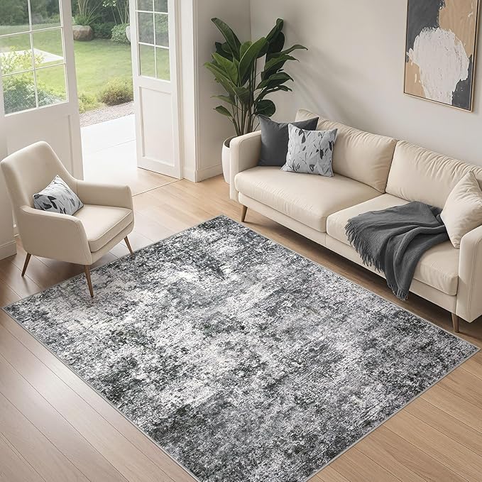 Washable Area Rug: 3x5 ft Abstract Small Rugs for Entryway Kitchen Living Room Bedroom - Non Slip Modern Neutral Carpet Indoor Front Door - Grey