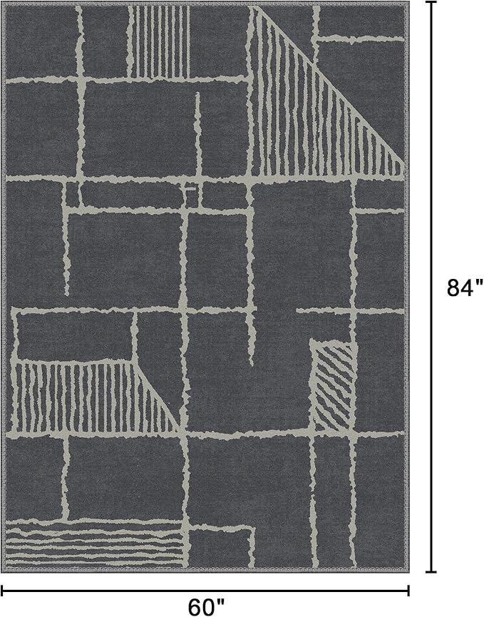 Bavni 5x7 Rug, Abstract Machine Washable Rug Non-Slip, Soft Modern Lightweight Area Rug, Stain Resistant Rugs for Living Room, Bedroom, Dining Room, Dark Gray