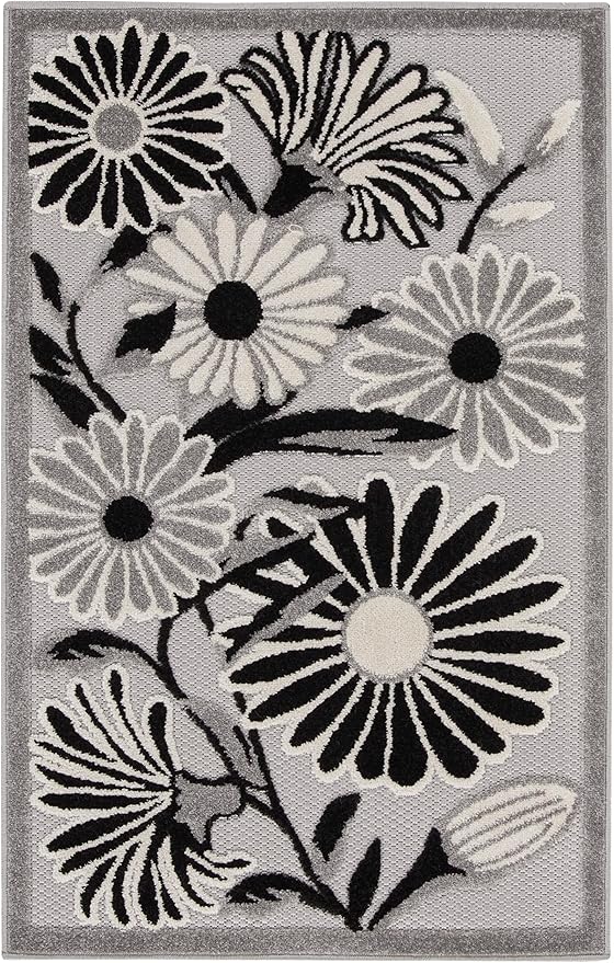 Nourison Aloha Indoor/Outdoor Black White 2'8" x 4' Area Rug, Easy Cleaning, Non Shedding, Bed Room, Living Room, Dining Room, Backyard, Deck, Patio (3x4)