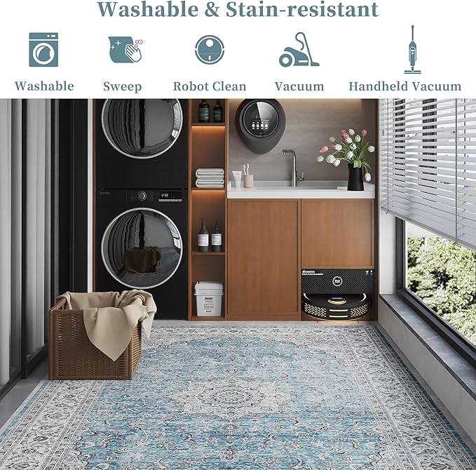 8x10 Rug, Washable Neutral Boho Modern Vintage Non Slip Floral Area Rugs, Low Pile Soft Rugs, Area Rugs, Slip Resistance Carpet, Pet-Friendly Carpet, Durable Rug for Living Room, Bedroom
