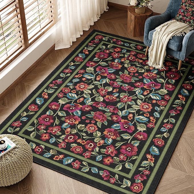 Black Area Rug 4x6 Washable Living Room Non Slip Kitchen Soft Floral Indoor Carpet Vintage Low Pile Accent Throw Rug for Office Dining Room Nursery Bathroom Farmhouse