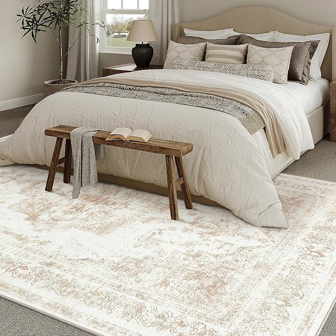 Washable Rug 9x12 Area Rug for Living Room Beige Vintage Boho Medallion Large Distressed Retro Carpet Non Slip Indoor Low Pile Small Soft Bedroom Dining Room Home Office