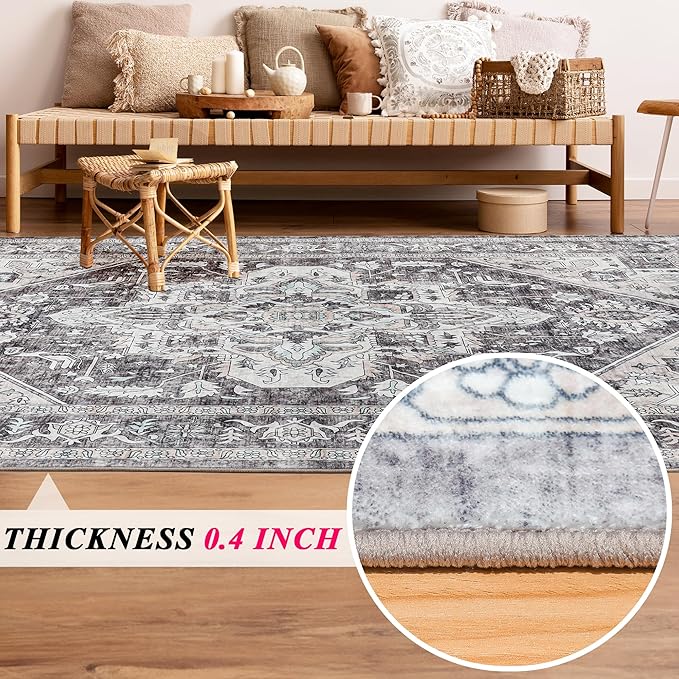 Vintage Area Rug, 9x12 Washable Rugs for Living Room Bedroom Indoor Throw Rug, Distressed Boho Country Accent, Thin Low-Pile Floor Carpet for Kids Pet (Multi/Brown)