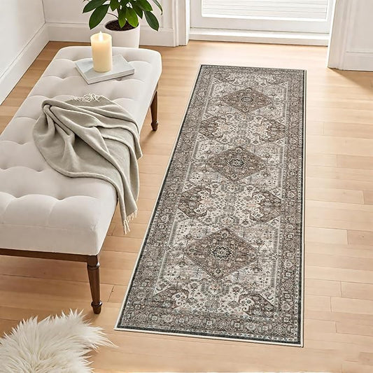 Washable Hallway Runner Rug 2x6: Oriental Non-Slip Kitchen Rugs Distressed Low Pile Indoor Rug for Bedroom Entryway Vintage Soft Non Shedding Floor Mat for Living Room Bathroom Laundry (2x6,Brown)