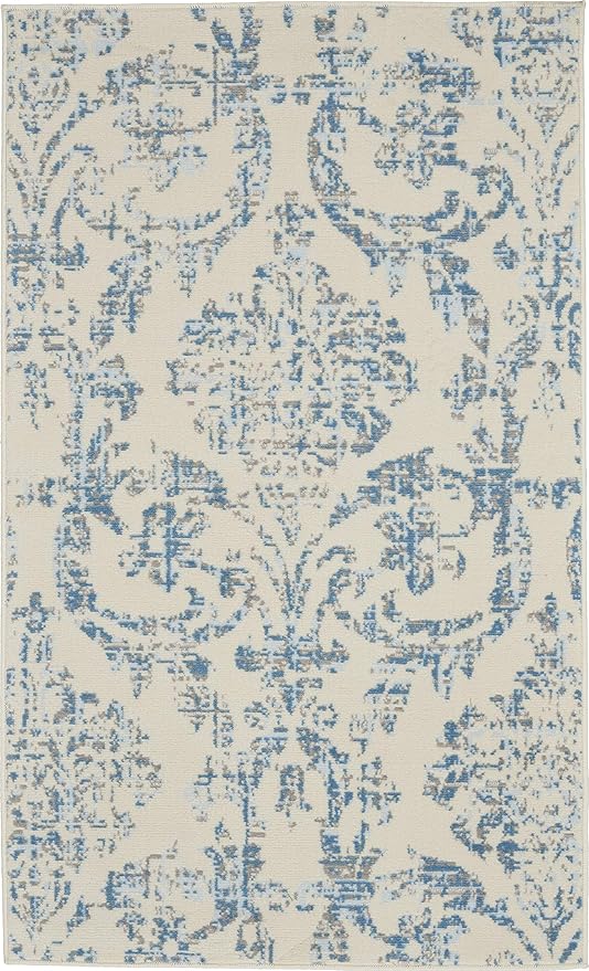 Nourison Jubilant Damask Ivory/Blue 3' x 5' Area-Rug, Easy-Cleaning, Non Shedding, Bed Room, Living Room, Dining Room, Kitchen (3x5)