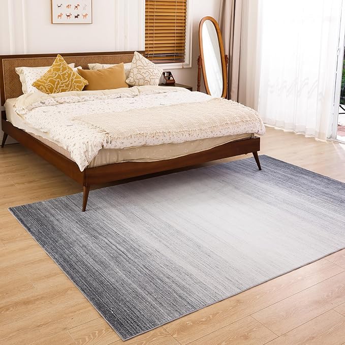 Carvapet Rugs for Living Room, Ombre Grey Low Pile Large Carpet with Rubber Backing, Foldable, Non Slip Machine Washable (9 x 6 Feet Rectangular, Grey Area Rug)