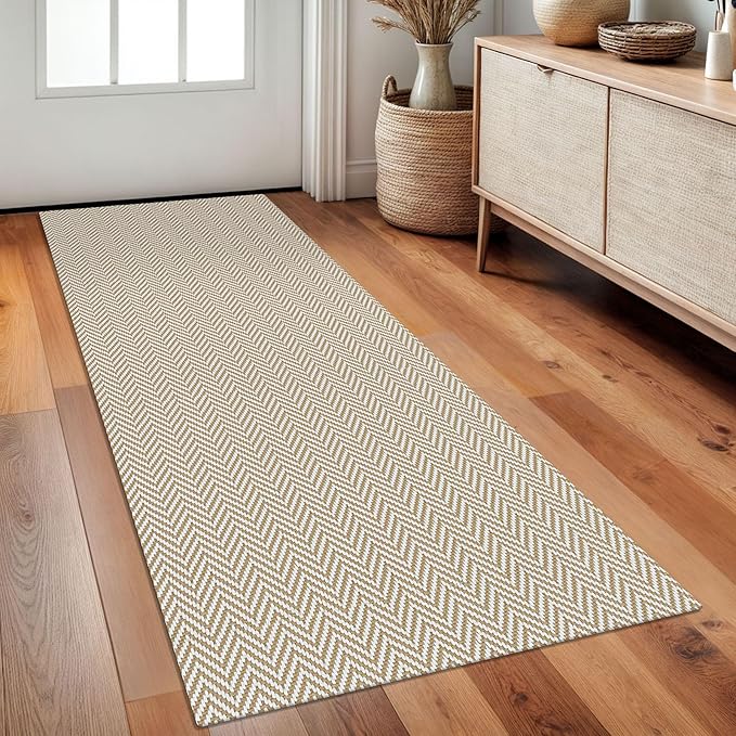 Braided Runner Rug 2x5 Ft Washable Runners for Hallways Kitchen Runner Rug with Rubber Backing Cotton Entryway Runner Indoor, Woven Floor Carpet for Hall Kitchen Bedroom, Beige/White
