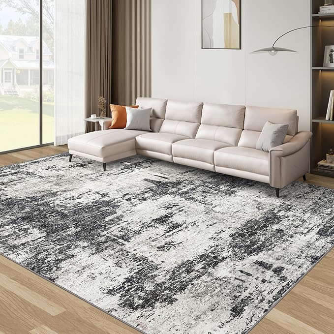 10x14 Area Rugs Living Room Rugs: Large Washable Rug with Anti-Slip Backing Non-Shedding Stain-Resistant Soft Abstract Carpet for Bedroom Dining Room Nursery Home Office-Black/Gray