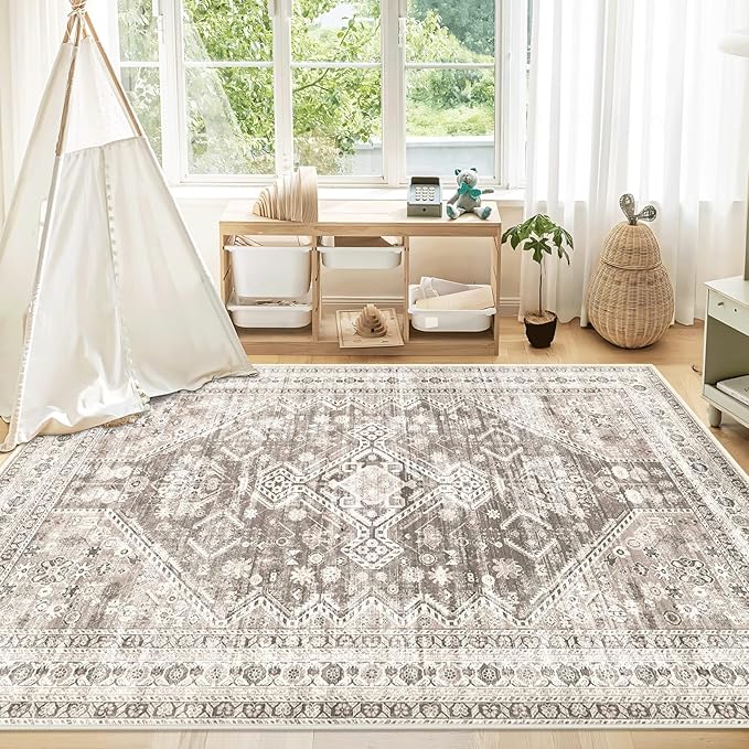 Zomfy Area Rug Vintage 4x6 Rug: Washable Indoor Rug, Traditional Oriental Medallion Rug, Non Slip Carpet for Living Room Bedroom Dining Table Kitchen(Brown, 4'x6')