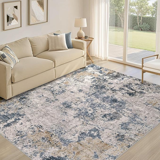Area Rugs for Living Room: 5x7 Abstract Washable Rug Large Soft Stain Resistant Non-Slip Backing for Bedroom Dining Room Indoor Home Office Carpet for Kids Pet Friendly Families - Blue Brown