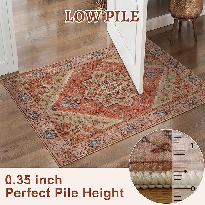 Vintage Rug 2x3 Washable Rug for Entryway, Non Slip Small Area Rug, Indoor Front Door Rug, Print Distressed Door Mat Carpet, Soft Low Pile Rugs for Entrance Kitchen Bedroom Bathroom