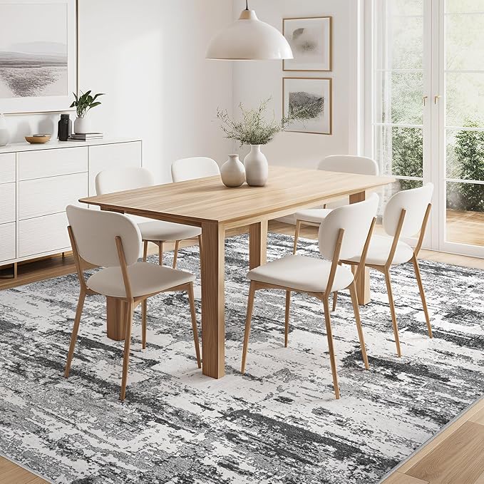 Area Rugs for Living Room: 8x10 Abstract Washable Rug Modern Neutral Large Soft Stain Resistant Non-Slip Backing Machine Table for Bedroom Dining Room Indoor Home Office Carpet - Black Grey