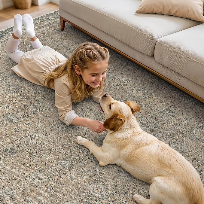 8X10 Area Rugs Machine Washable Rugs for Living Room, Vintage Boho Large Rugs for Bedroom Dining Room, Non Slip Indoor Soft Distressed Lightweight Thin Low Pile Carpet, Sandy Taupe