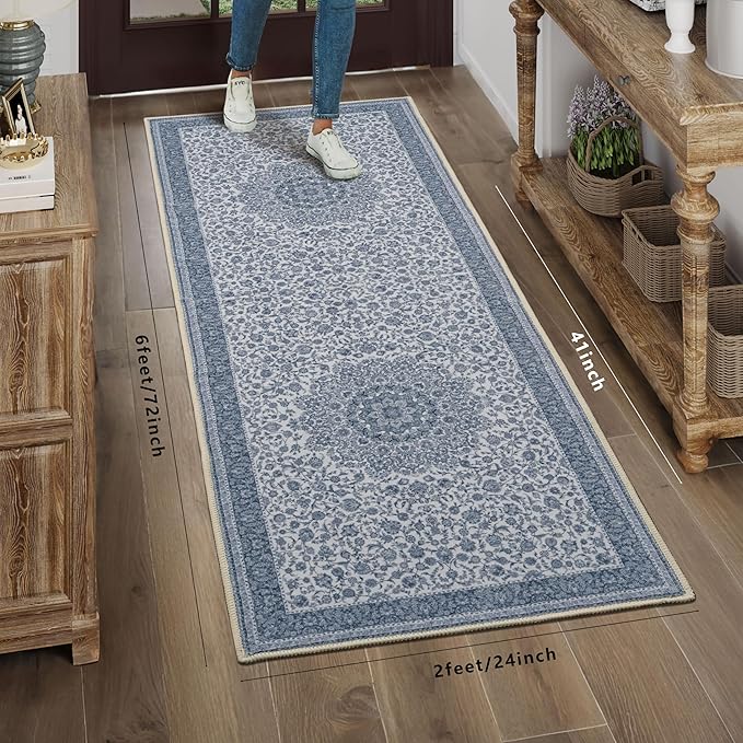 Floral Runner Rug Washable Area Rug 2x6, Spill-Proof Surface, Non-Slip Backing, Cozy Soft Faux Wool, Printed Rug for Hallway, Bedroom, Kitchen, Entryway - Ieve