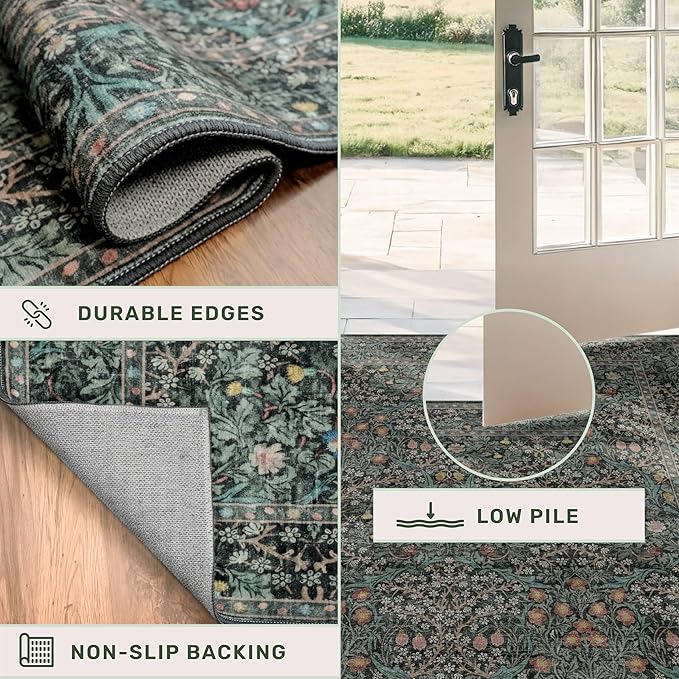 Vintage Dark Green 2'6" x 8' Floor Runner Rug for Hallway, Kitchen, Entryway Indoor, Laundry Room, Washable Non Slip Rubber Backing Stain Resistant