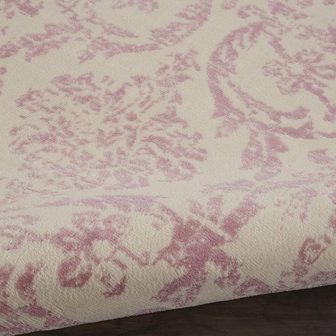 Nourison Jubilant Damask Ivory/Pink 8' x Round Area Rug, Easy Clean, Non Shedding, Bed Room, Living Room, Dining Room, Kitchen (8 Round)
