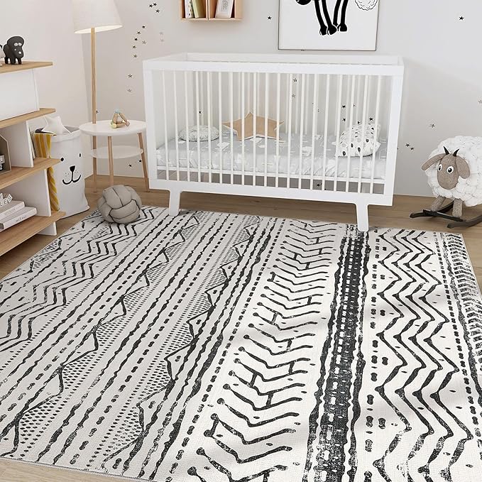Black Rug Living Room 5X7: Washable Boho Large Neutral Soft Rug Modern Stain Resistant Moroccan Indoor Non Slip Floor Carpet for Bedroom Nursery Kids Playroom Office Dining Room Classroom Dorm