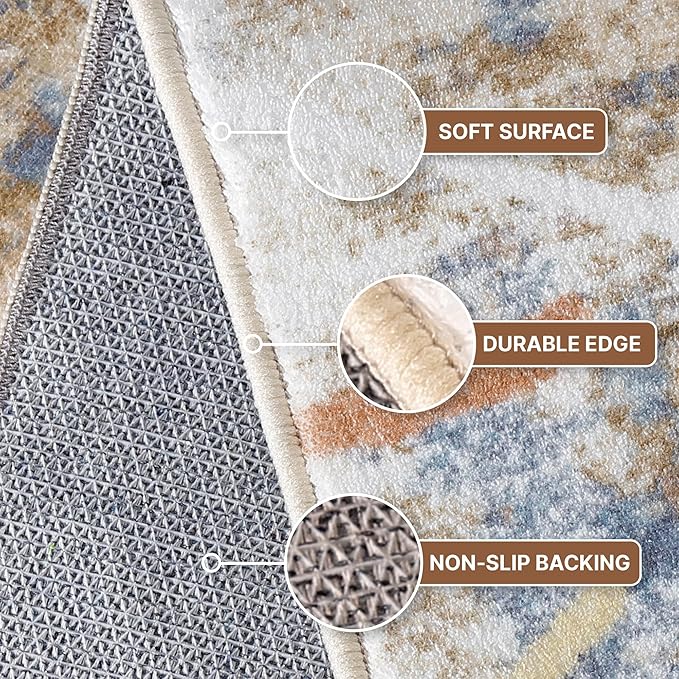 3x5 Area Rug, Modern Abstract Area Rug Machine Washable, Non Slip 3 x 5 Rugs for Living Room, Dining Room, Office Non Shedding Bedroom Carpet, Grey/Tan/Navy