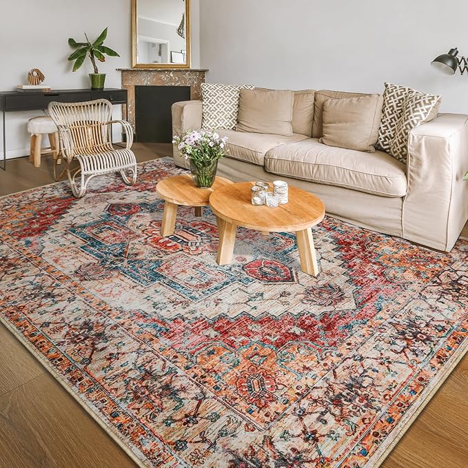 YJ.GWL Large Area Rug for Living Room, 5x7 Machine Washable Boho Rug for Bedroom, Low Pile Lightweight Thin Rugs Floral Vintage Distress Print Pattern Carpet for Dining Room, Orange