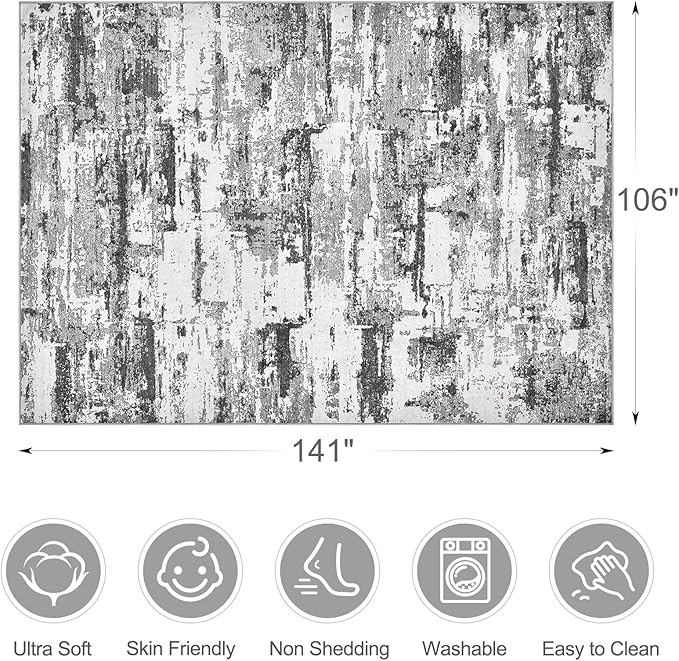 Area Rugs for Living Room: 9x12 Abstract Washable Rug Modern Neutral Large Soft Stain Resistant Non-Slip Backing Machine Table for Bedroom Dining Room Indoor Home Office Carpet - Black Grey