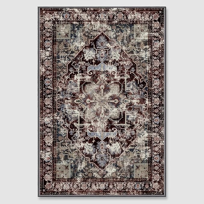 RYB HOME 2x6 Kitchen Runner Rug, Vintage Modern Entrance Door Mat Runner, Distressed Soft Stain Resistant Non Slip for Hallway Kitchen Bathroom Laundry Foyer, 2x6 ft, Beige