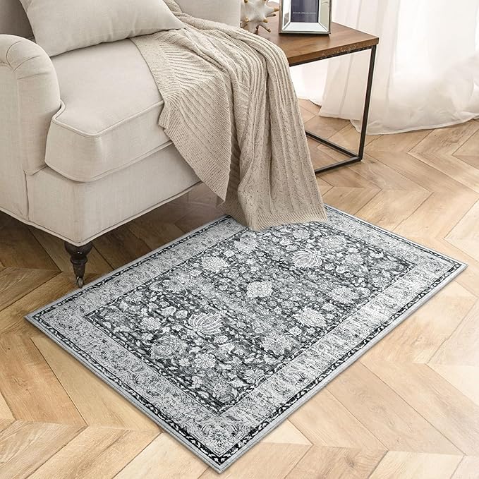 Small 2x3 Throw Rug - Vintage Moroccan Floral, Machine Washable, Low Pile Non Slip Entryway Rug for Kitchen, Bedroom, Laundry Room, Grey