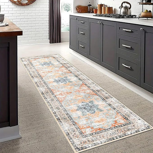 vivorug Washable Rug, Ultra Soft Runner Rug 2x7, Non Slip Floor Carpet, Runners for Hallway Living Room Indoor, Vintage Accent (Orange, 2'x7')