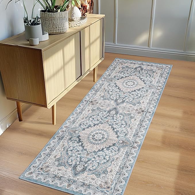 Foxmas Hallway Runner Rug, 2x6 Vintage Kitchen Runner Area Rugs Non Skid Washable, Low Pile Throw Rugs with Rubber Backing Carpet for Laundry Room Entryway Bedroom Home Decor, Blue
