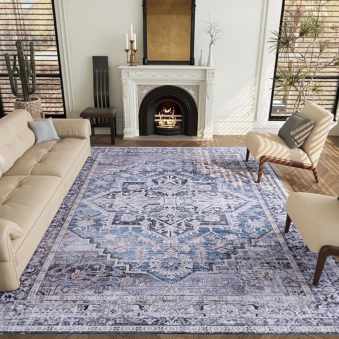 8x10 Rug, Washable Neutral Boho Modern Vintage Non Slip Floral Area Rugs, Low Pile Soft Rugs, Area Rugs, Slip Resistance Carpet, Pet-Friendly Carpet, Durable Rug for Living Room, Bedroom