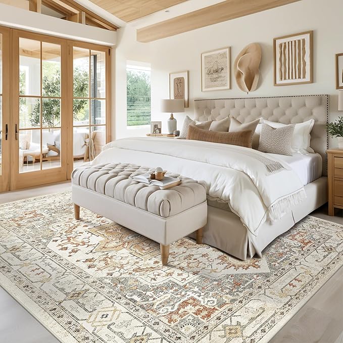 Washable Rugs 8x10 Area Rugs for Living Room,Rugs for Bedroom,Large Carpets,Ultra Soft Faux Wool Retro Dining Room Rug,Non Slip&Non-Shedding Low Pile Vintage Print Rug for Home Office,Turmeric