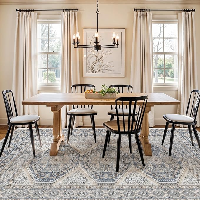 6x9 Area Rugs for Living Room:Washable Oriental Rug for Bedroom Dining Room Carpet 6 by 9 Indoor Non Slip Rubber Backing Neutral Nursery Dorm Home Office Kids 6X9 Blue