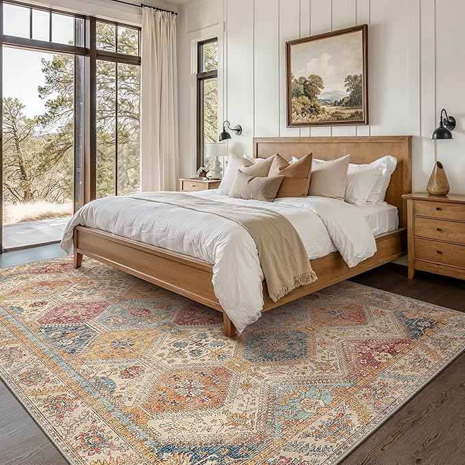 Bavni 3x5 Area Rugs for Living Room, Machine Washable Rug Non Slip, Vintage Chenille Distressed Print Carpet, Large Low Pile Ultra-Thin Lightweight Rugs for Bedroom, Dining Room, Home, Office, Orange