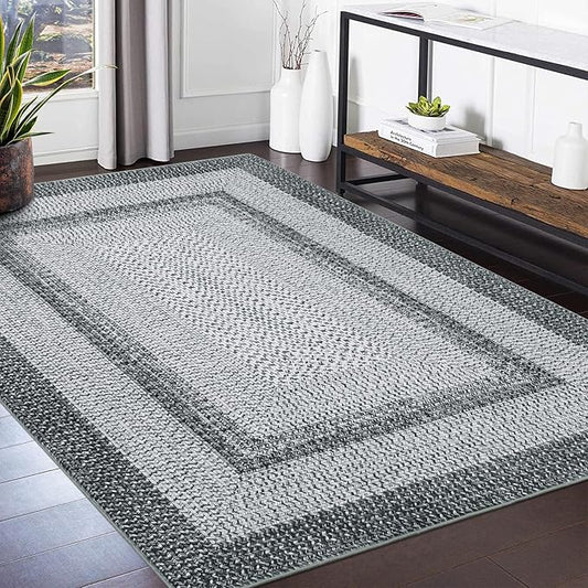 Washable Area Rugs 4x6 Rug for Living Room Indoor Mats for Entryway Soft Bedroom Rug Non Slip Modern Braided Print Area Rug Farmhouse Throw Rugs Low Pile Stain Resistant Carpet 4'x6' Grey