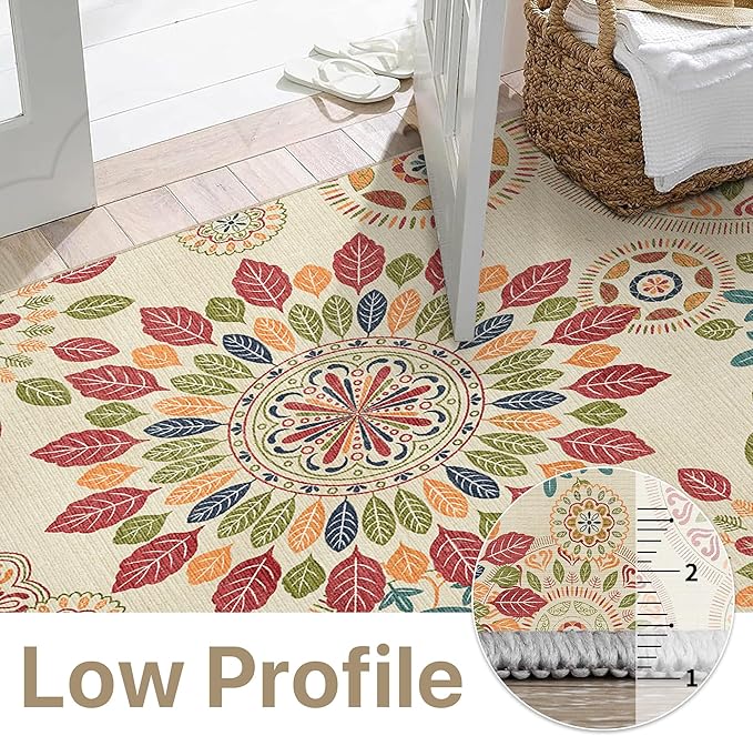 Bavni 2x7 Hallway Runner, Floral Washable Runner Rug, Ultra Thin Bathroom Rug Runner Non Slip Rubberback, Stain Resistant Rugs for Bedroom, Laundry Room, Beige Red