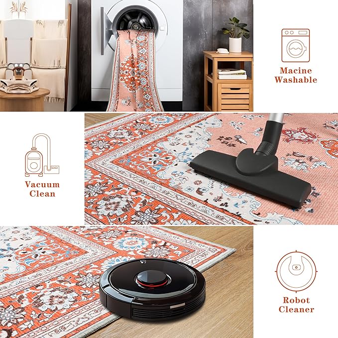 Tepook 2x6 Vintage Runner Rug - Low Pile Washable Non-Slip Carpet for Hallway, Kitchen, Bedroom, Entryway, Laundry Room, Bathroom - Indoor Throw Rug in Red